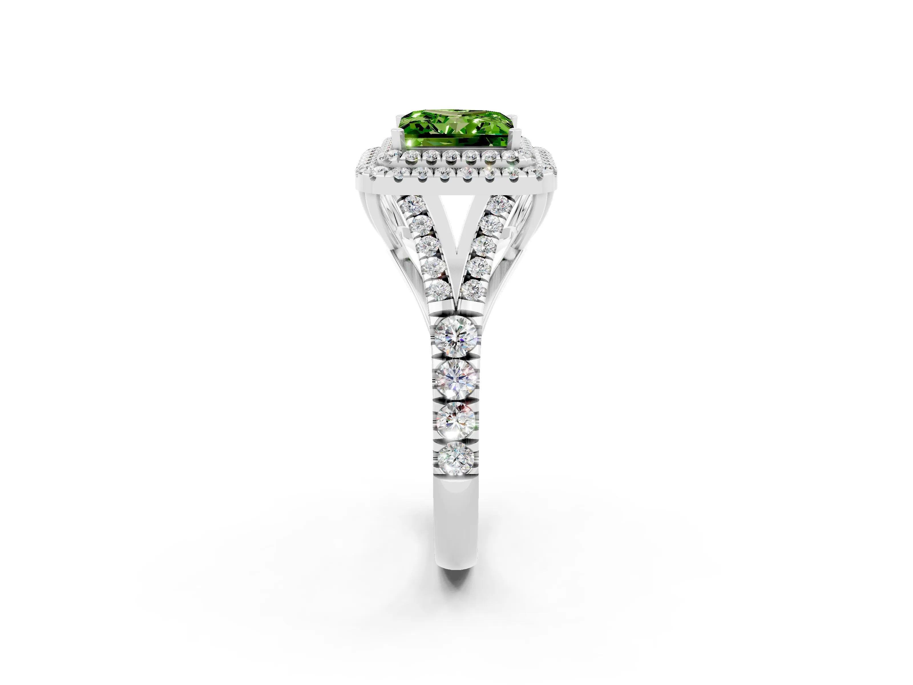 White gold Double Halo Princess Cut Peridot Split Shank Engagement Ring with Four-Prong Setting_2