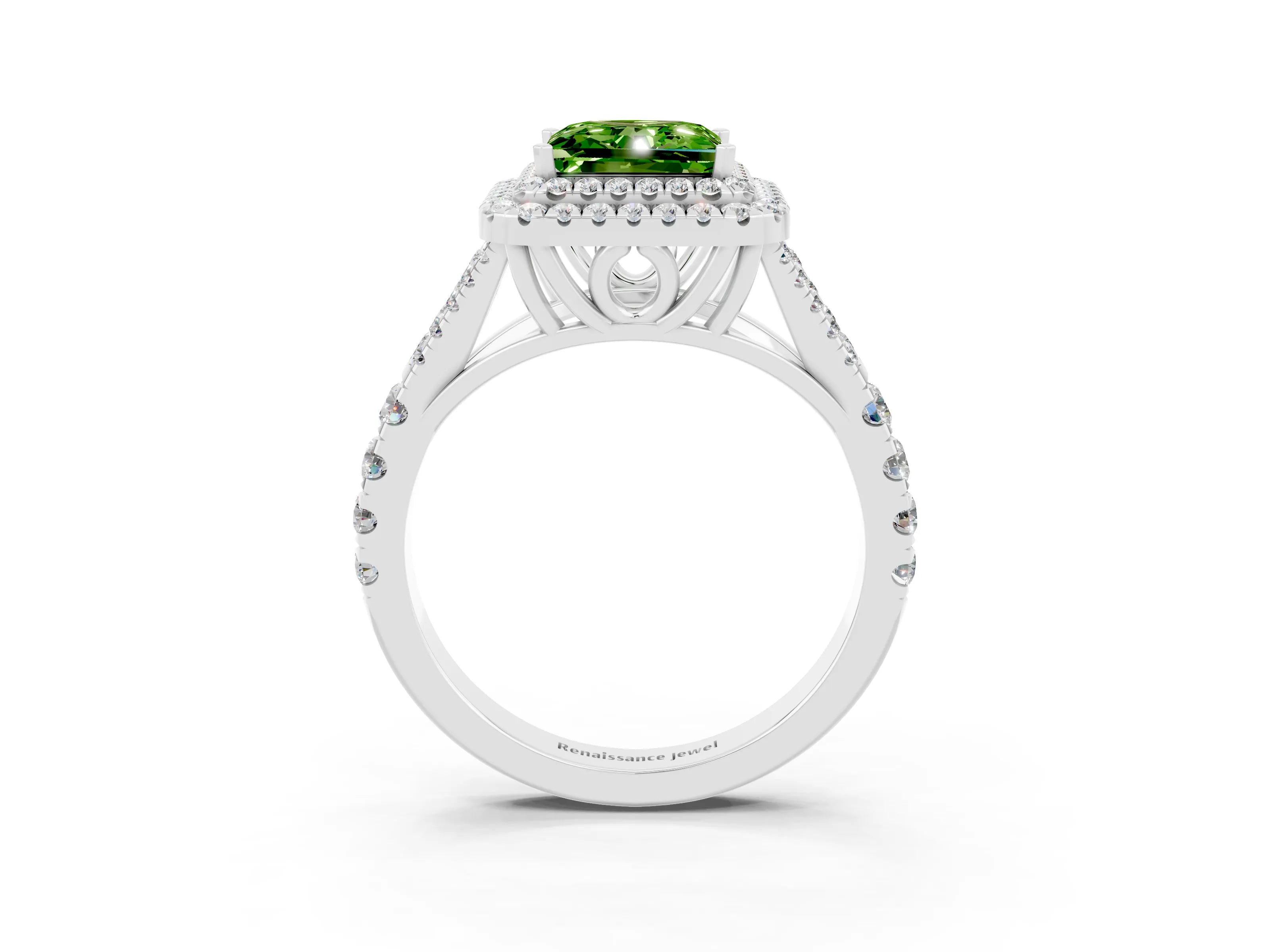 White gold Double Halo Princess Cut Peridot Split Shank Engagement Ring with Four-Prong Setting_3