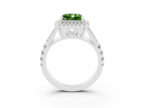 White gold Double Halo Princess Cut Peridot Split Shank Engagement Ring with Four-Prong Setting