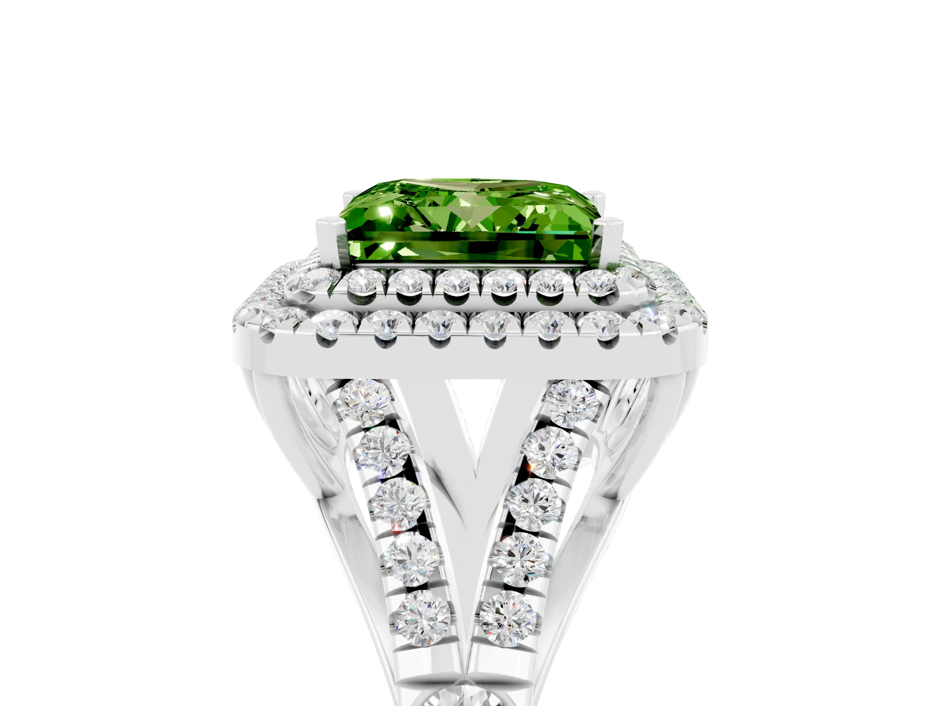 White gold Double Halo Princess Cut Peridot Split Shank Engagement Ring with Four-Prong Setting_5