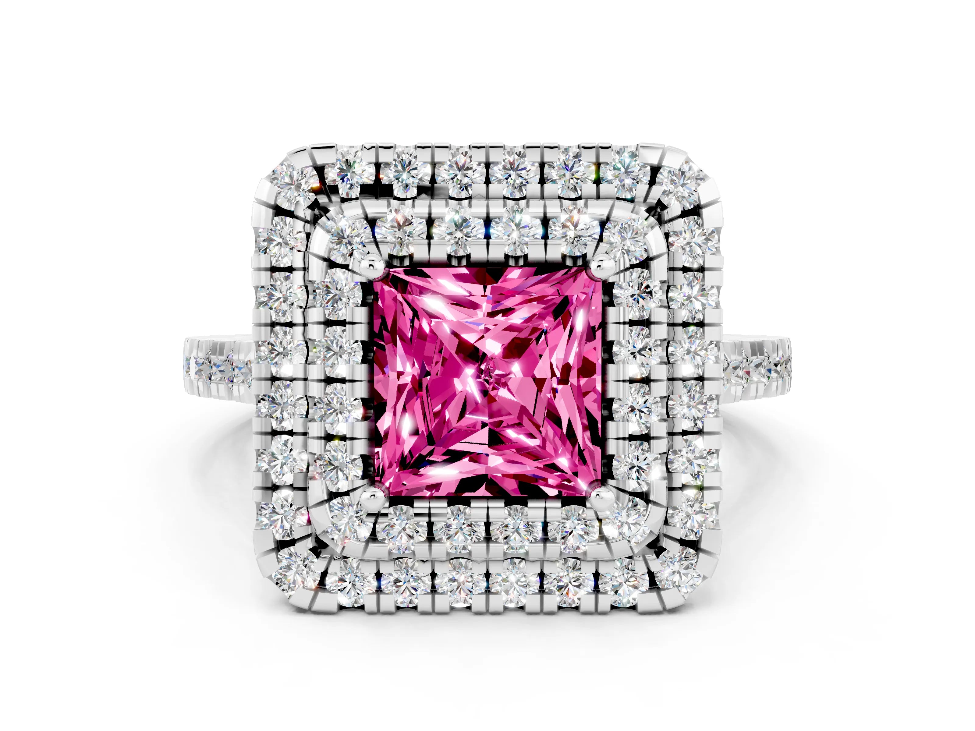 White gold Double Halo Princess Cut Pink Sapphire Pavé Band with Four-Prong Setting_42