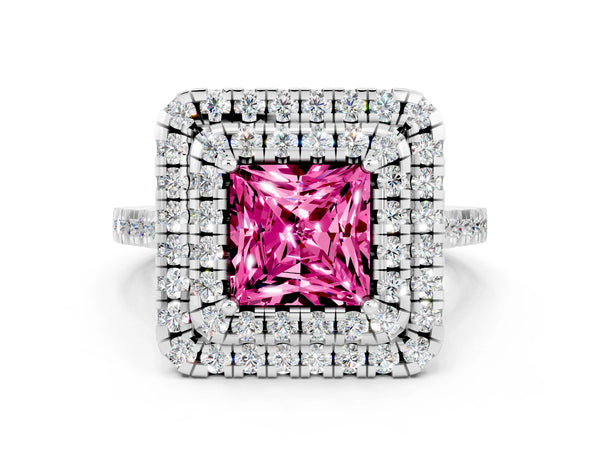 White gold Double Halo Princess Cut Pink Sapphire Pavé Band with Four-Prong Setting