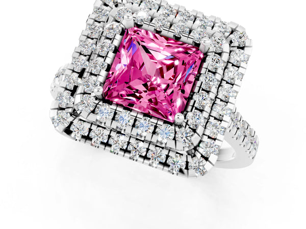 White gold Double Halo Princess Cut Pink Sapphire Pavé Band with Four-Prong Setting