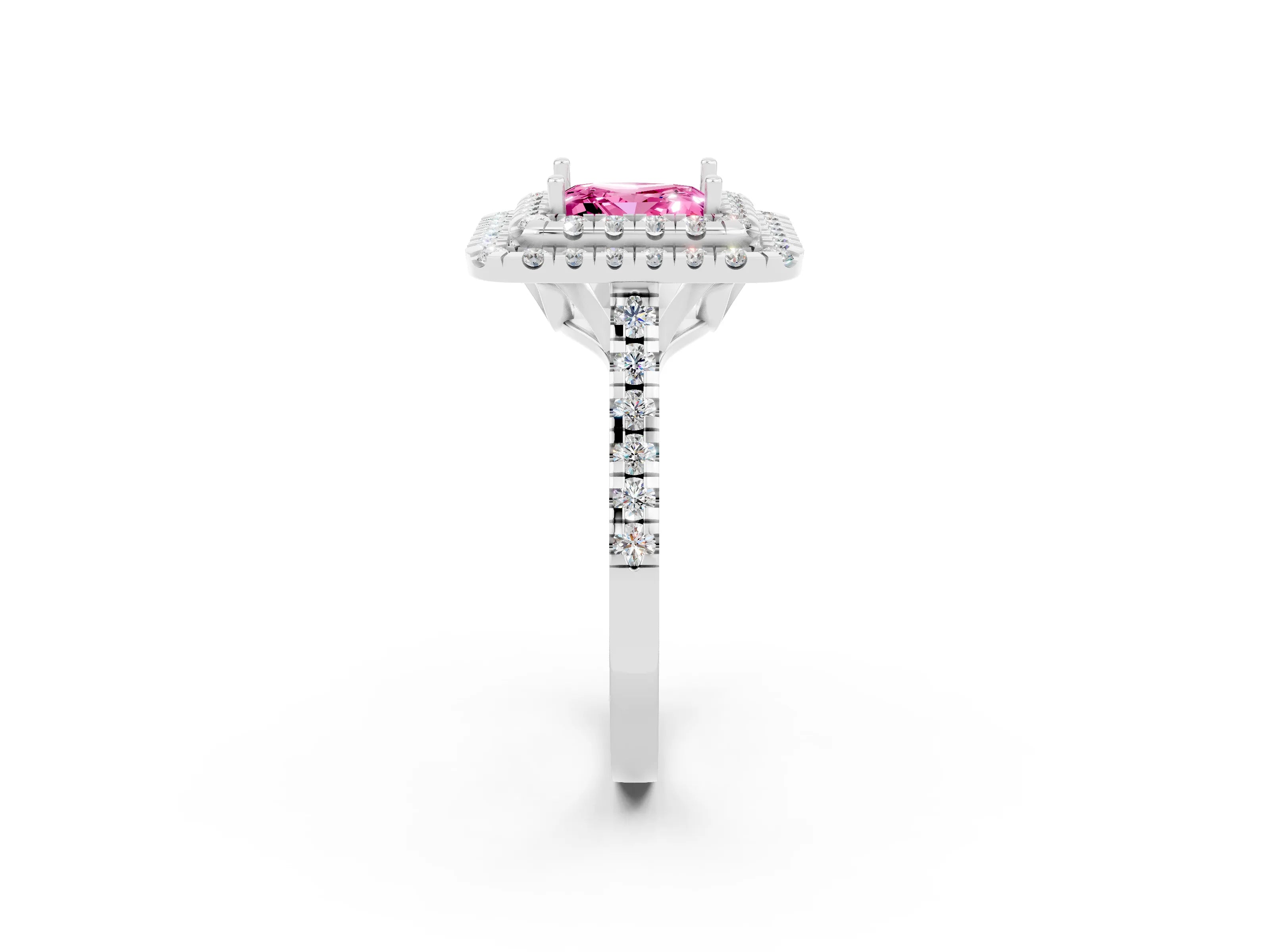 White gold Double Halo Princess Cut Pink Sapphire Pavé Band with Four-Prong Setting_44