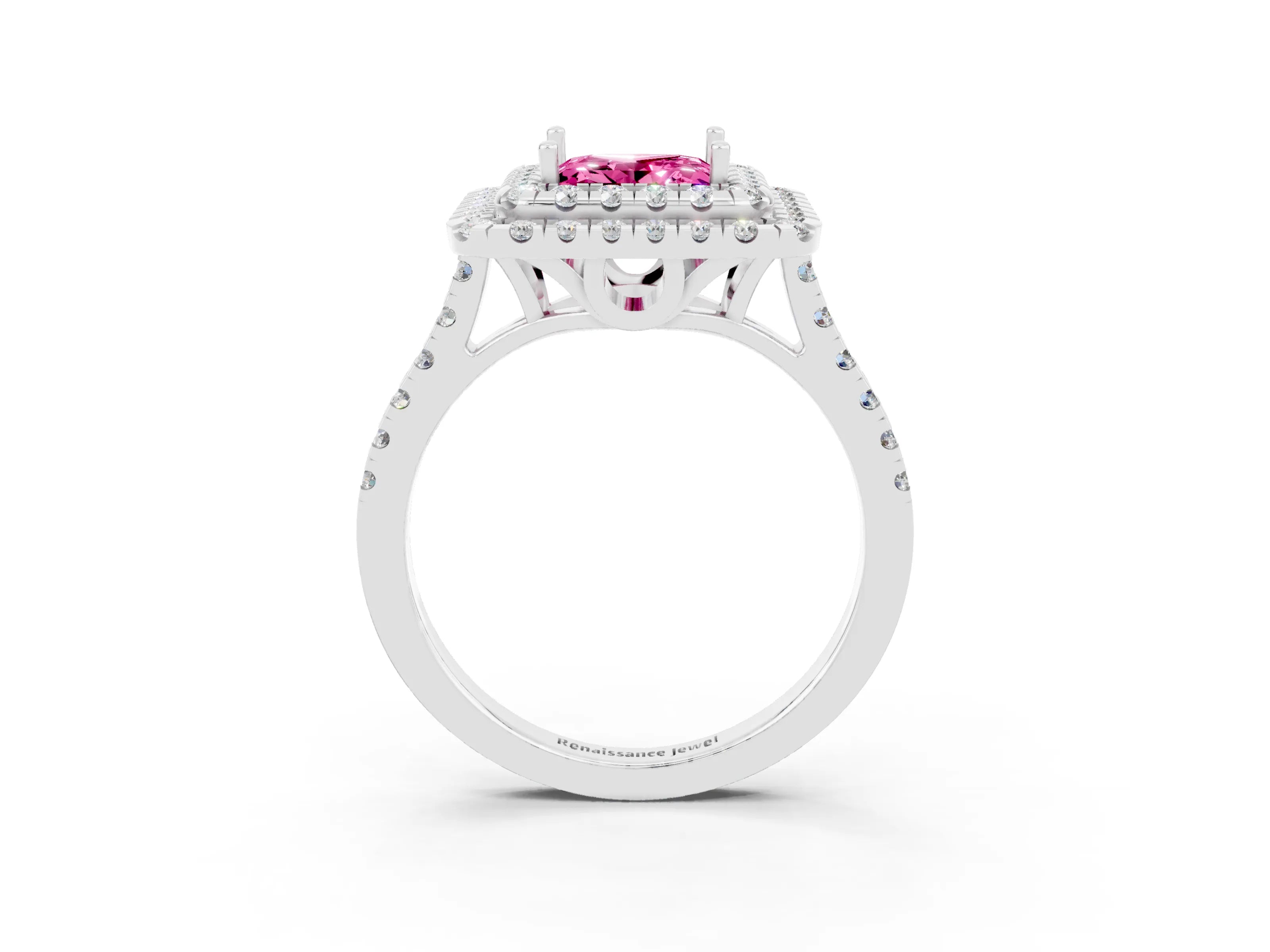 White gold Double Halo Princess Cut Pink Sapphire Pavé Band with Four-Prong Setting_45