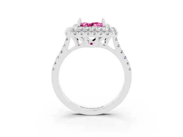 White gold Double Halo Princess Cut Pink Sapphire Pavé Band with Four-Prong Setting