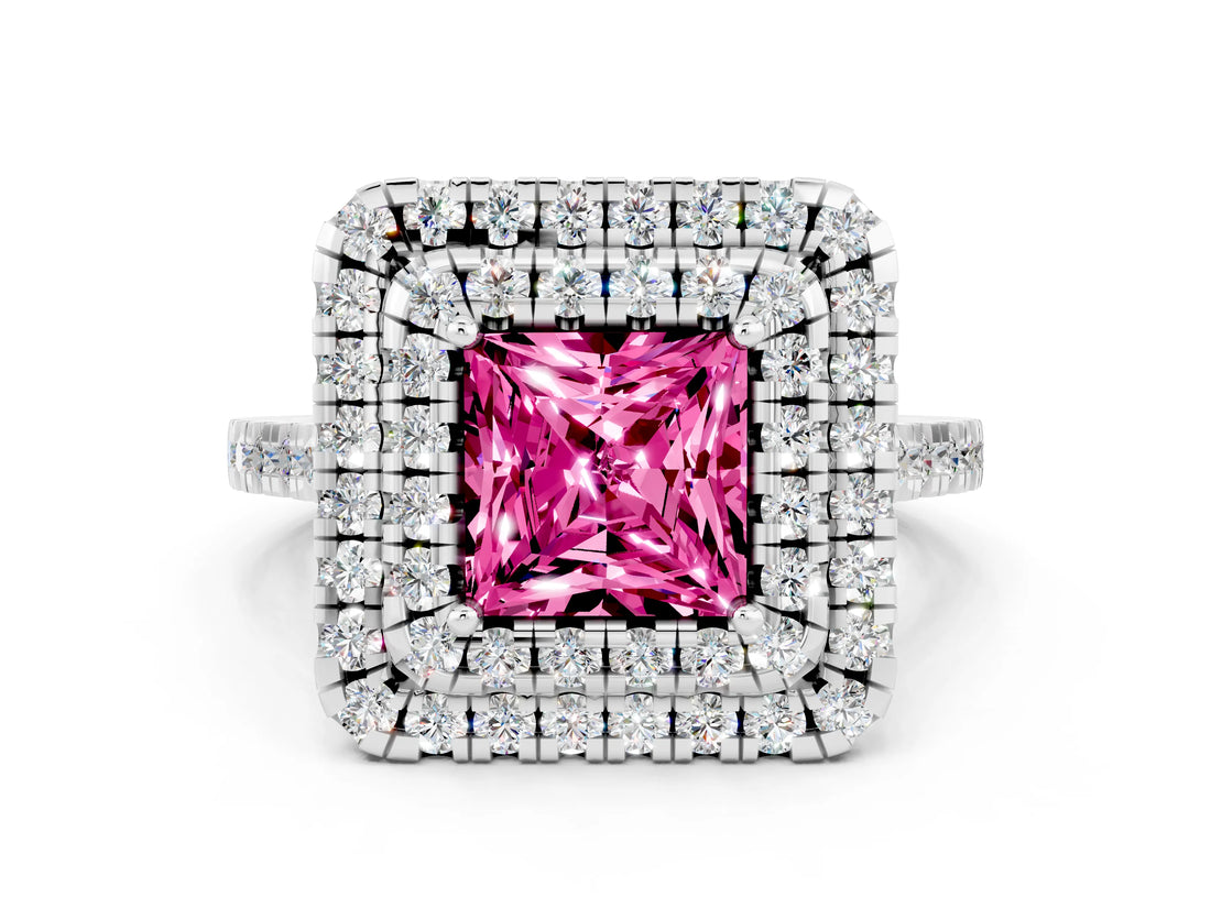 White gold Double Halo Princess Cut Pink Sapphire Pavé Band with Four-Prong Setting_47