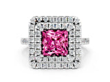 White gold Double Halo Princess Cut Pink Sapphire Pavé Band with Four-Prong Setting_47