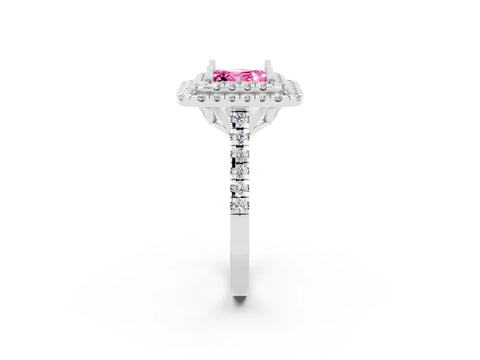 White gold Double Halo Princess Cut Pink Sapphire Pavé Band with Four-Prong Setting_49