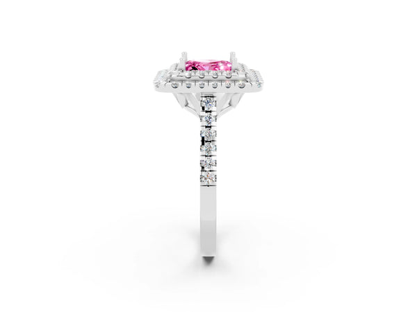 Platinum Double Halo Princess Cut Pink Sapphire Pavé Band with Four-Prong Setting