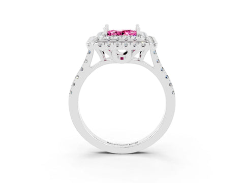 White gold Double Halo Princess Cut Pink Sapphire Pavé Band with Four-Prong Setting_50