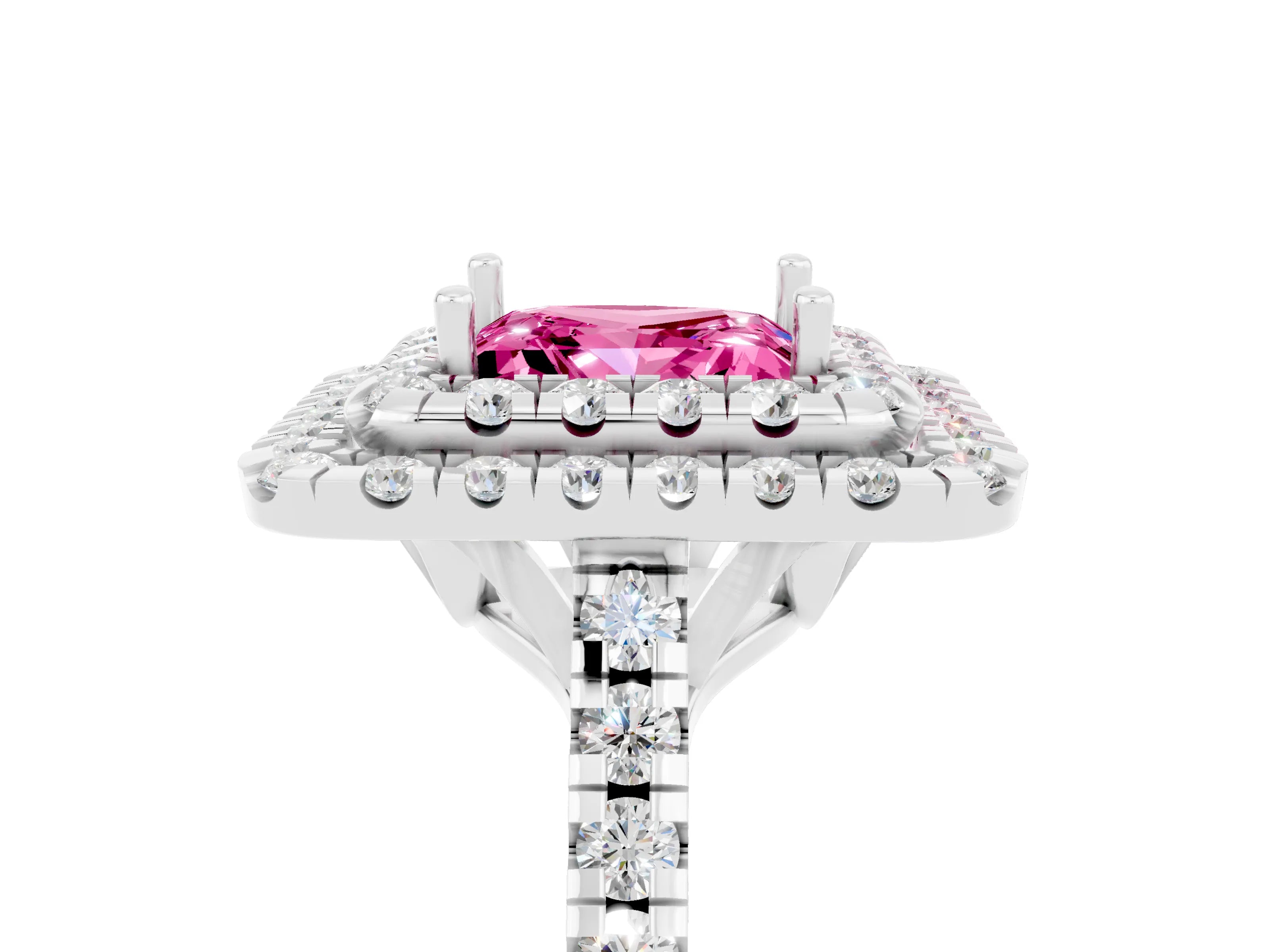 White gold Double Halo Princess Cut Pink Sapphire Pavé Band with Four-Prong Setting_52