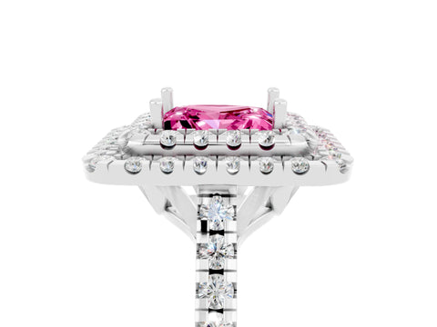White gold Double Halo Princess Cut Pink Sapphire Pavé Band with Four-Prong Setting_52