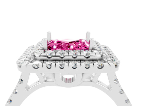 White gold Double Halo Princess Cut Pink Sapphire Pavé Band with Four-Prong Setting_52