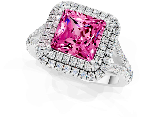 White gold Double Halo Princess Cut Pink Sapphire Pavé Split Shank Ring with Prong Setting