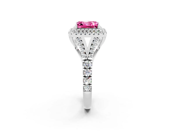 Platinum Double Halo Princess Cut Pink Sapphire Pavé Split Shank Ring with Prong Setting