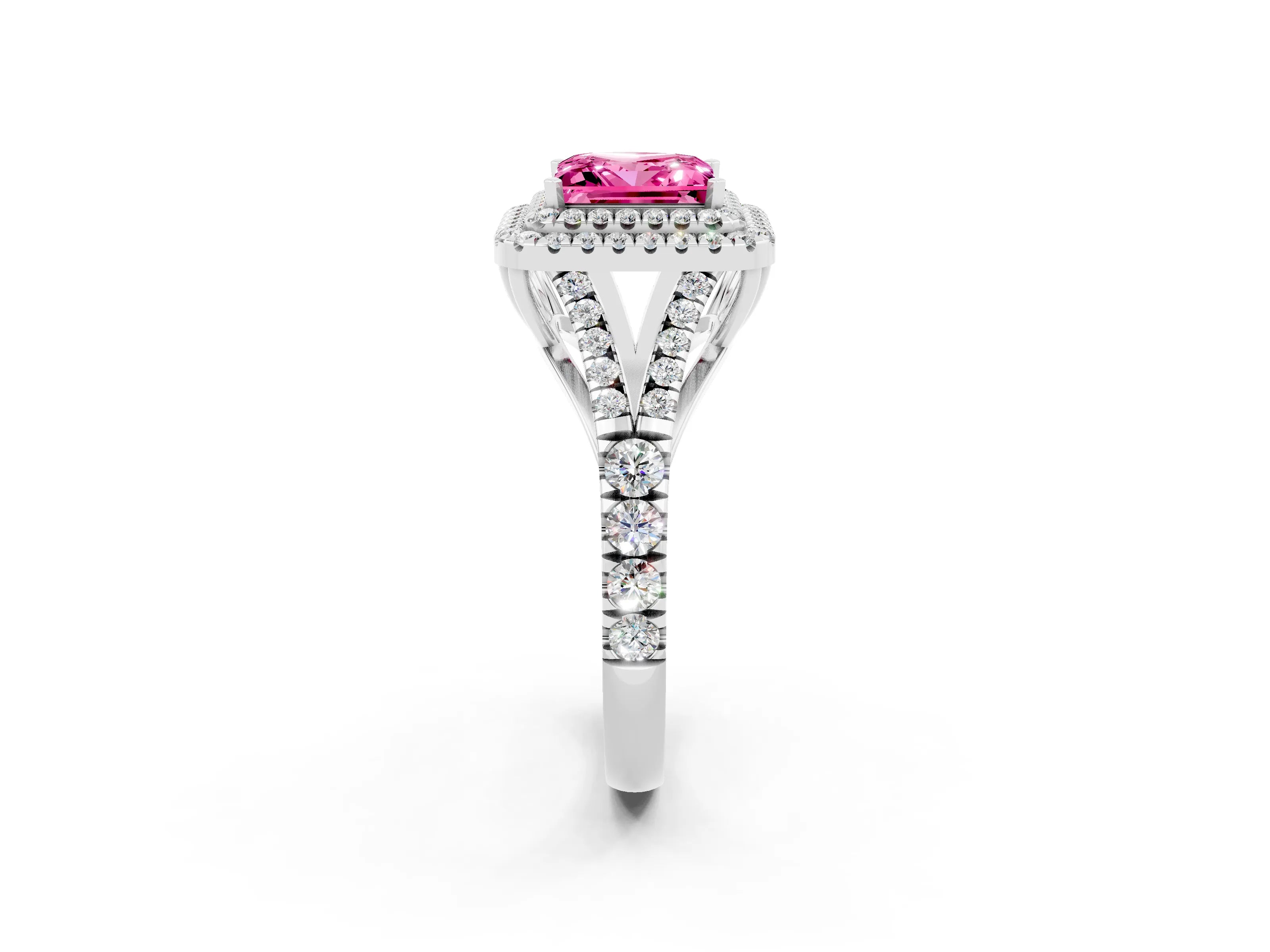 White gold Double Halo Princess Cut Pink Sapphire Pavé Split Shank Ring with Prong Setting_2