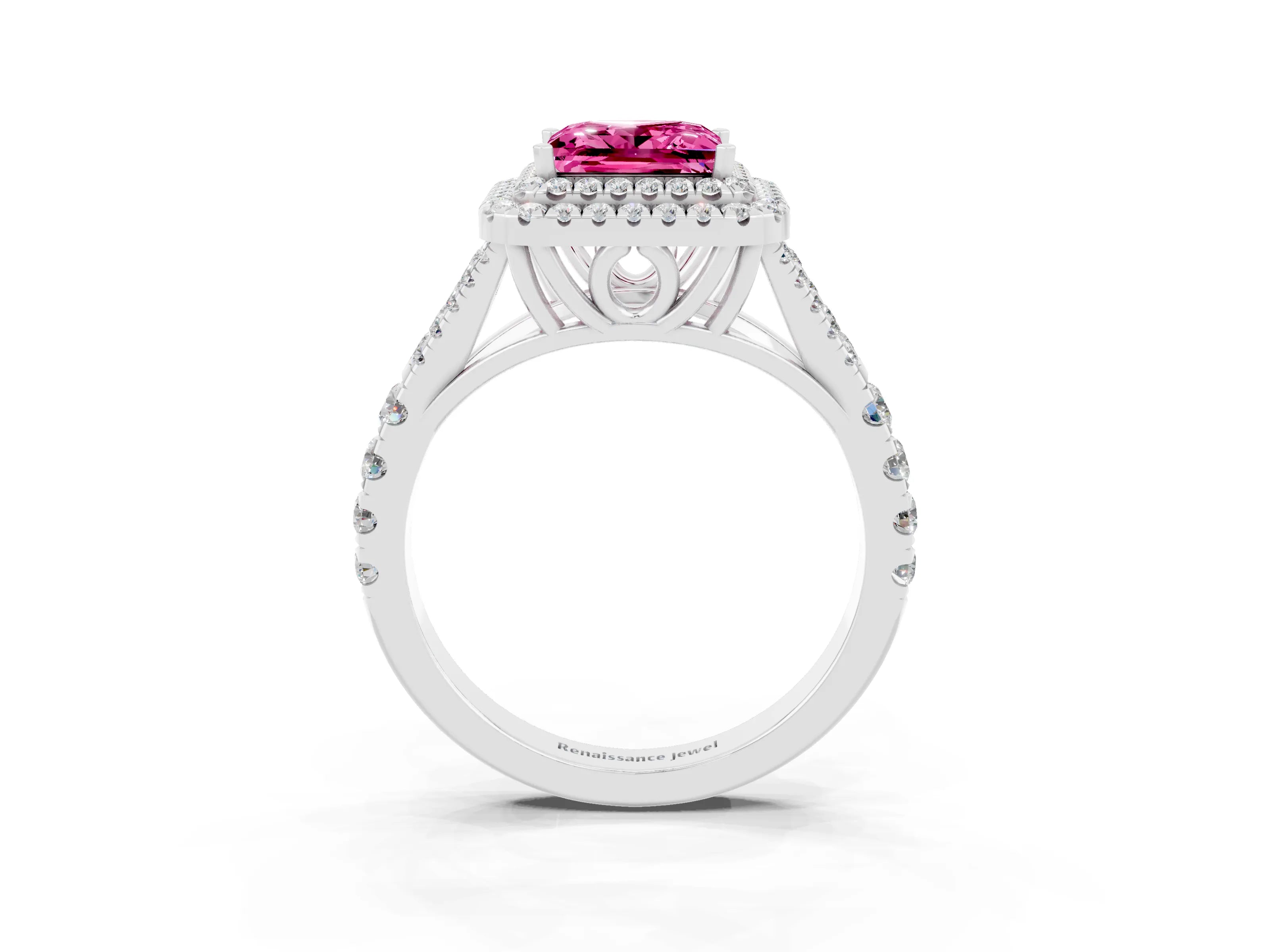 White gold Double Halo Princess Cut Pink Sapphire Pavé Split Shank Ring with Prong Setting_3