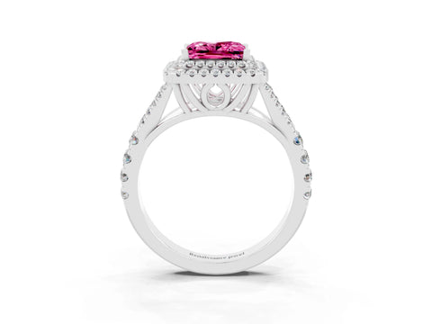 White gold Double Halo Princess Cut Pink Sapphire Pavé Split Shank Ring with Prong Setting_3