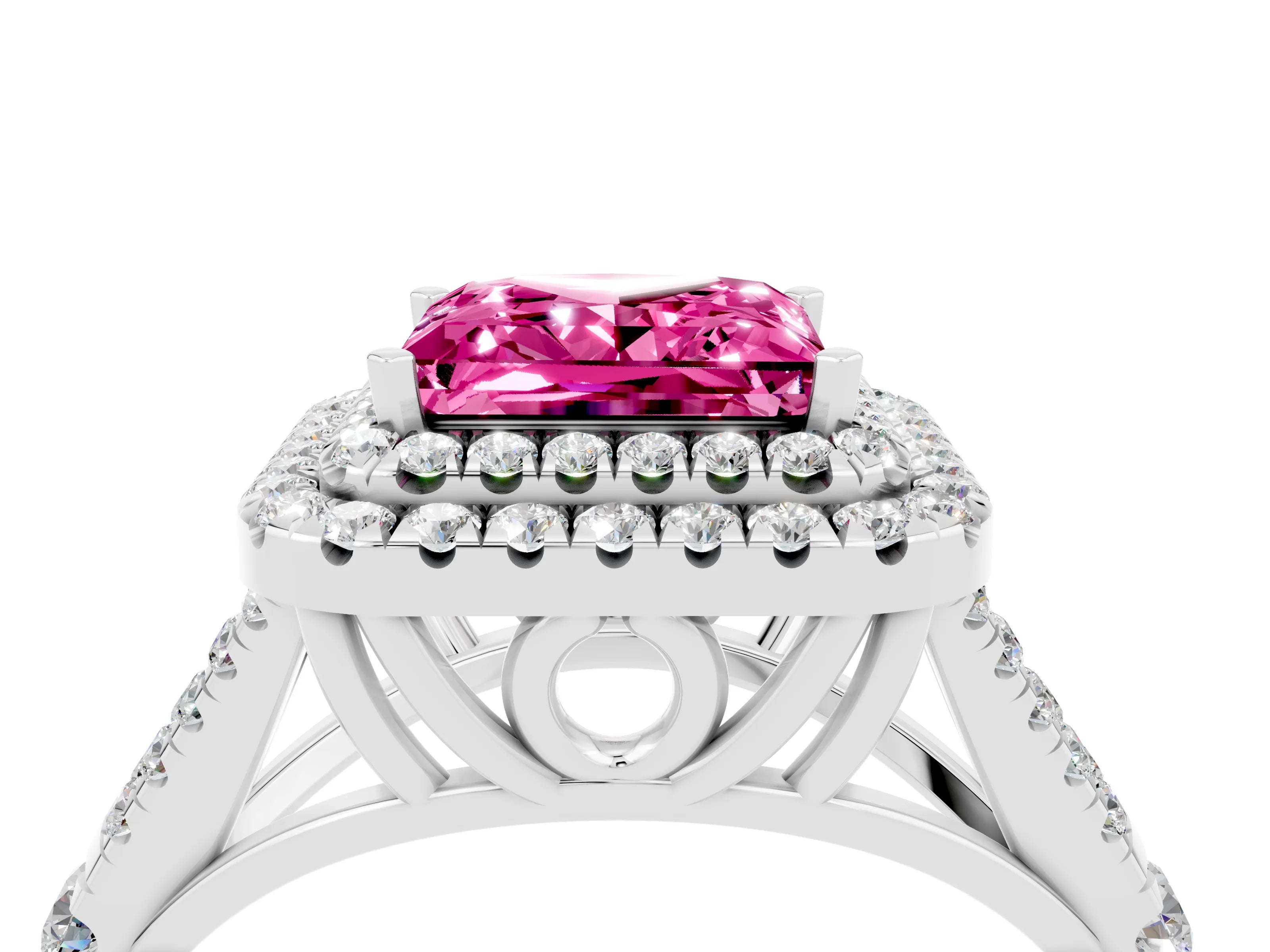 White gold Double Halo Princess Cut Pink Sapphire Pavé Split Shank Ring with Prong Setting_4