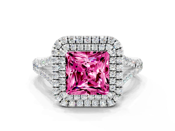Silver Double Halo Princess Cut Pink Sapphire Pavé Split Shank Ring with Prong Setting