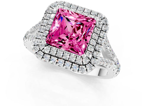White gold Double Halo Princess Cut Pink Sapphire Split Shank Engagement Ring with Four-Prong Setting_1