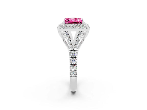 Silver Double Halo Princess Cut Pink Sapphire Split Shank Engagement Ring with Four-Prong Setting