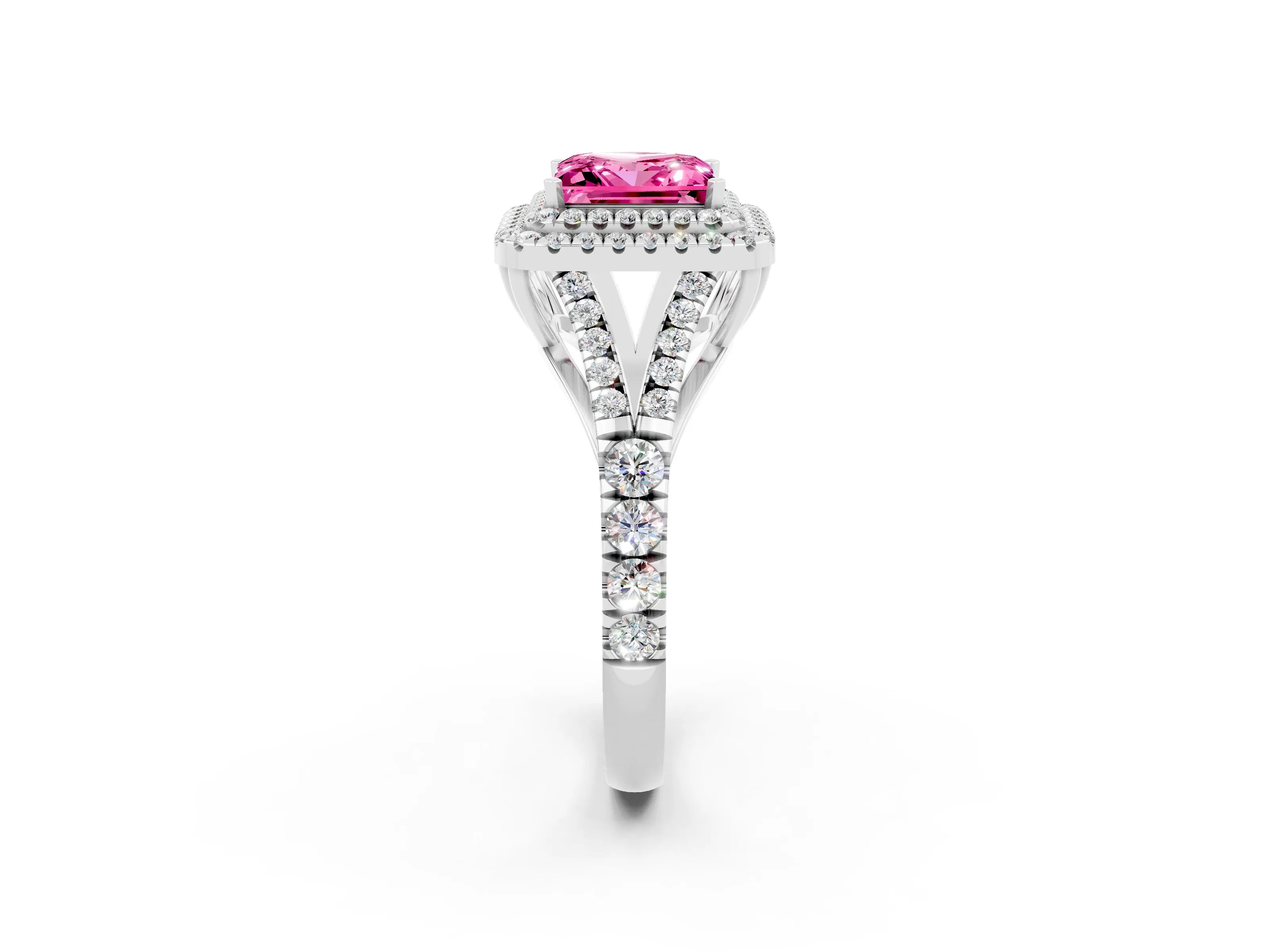 White gold Double Halo Princess Cut Pink Sapphire Split Shank Engagement Ring with Four-Prong Setting_2