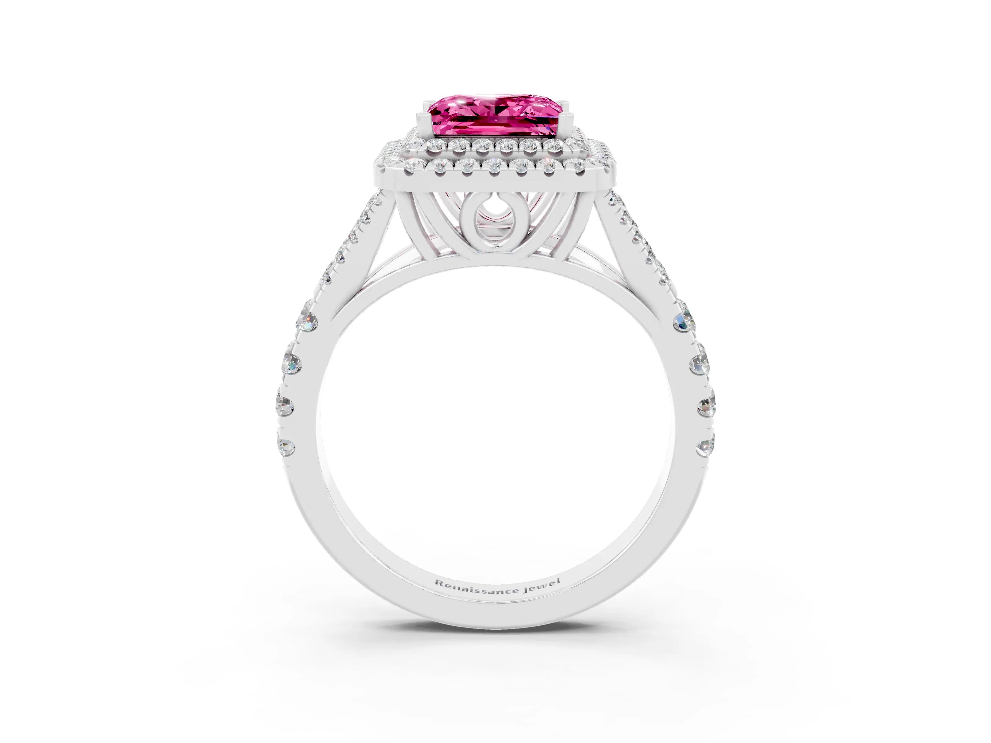 White gold Double Halo Princess Cut Pink Sapphire Split Shank Engagement Ring with Four-Prong Setting_3