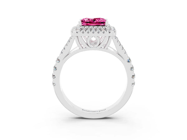 White gold Double Halo Princess Cut Pink Sapphire Split Shank Engagement Ring with Four-Prong Setting