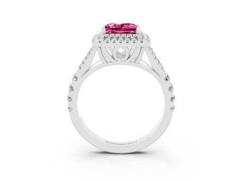 White gold Double Halo Princess Cut Pink Sapphire Split Shank Engagement Ring with Four-Prong Setting_3
