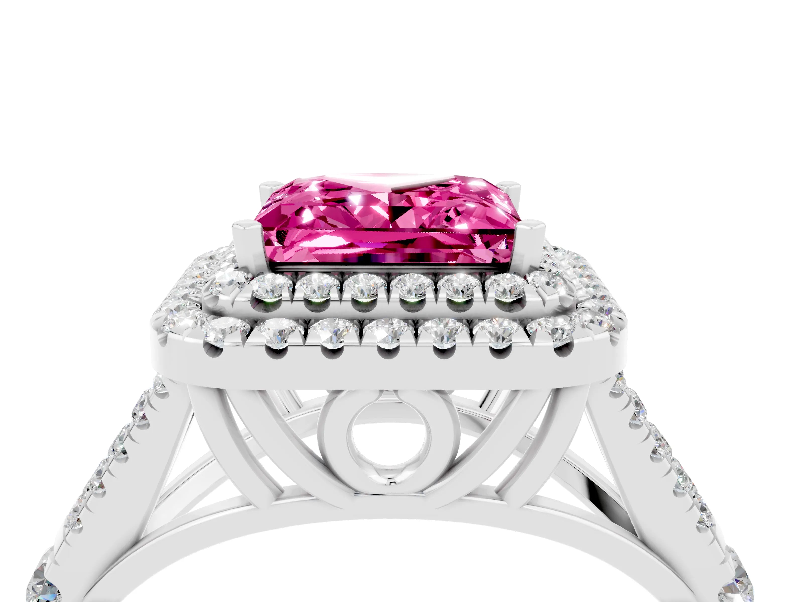 White gold Double Halo Princess Cut Pink Sapphire Split Shank Engagement Ring with Four-Prong Setting_4