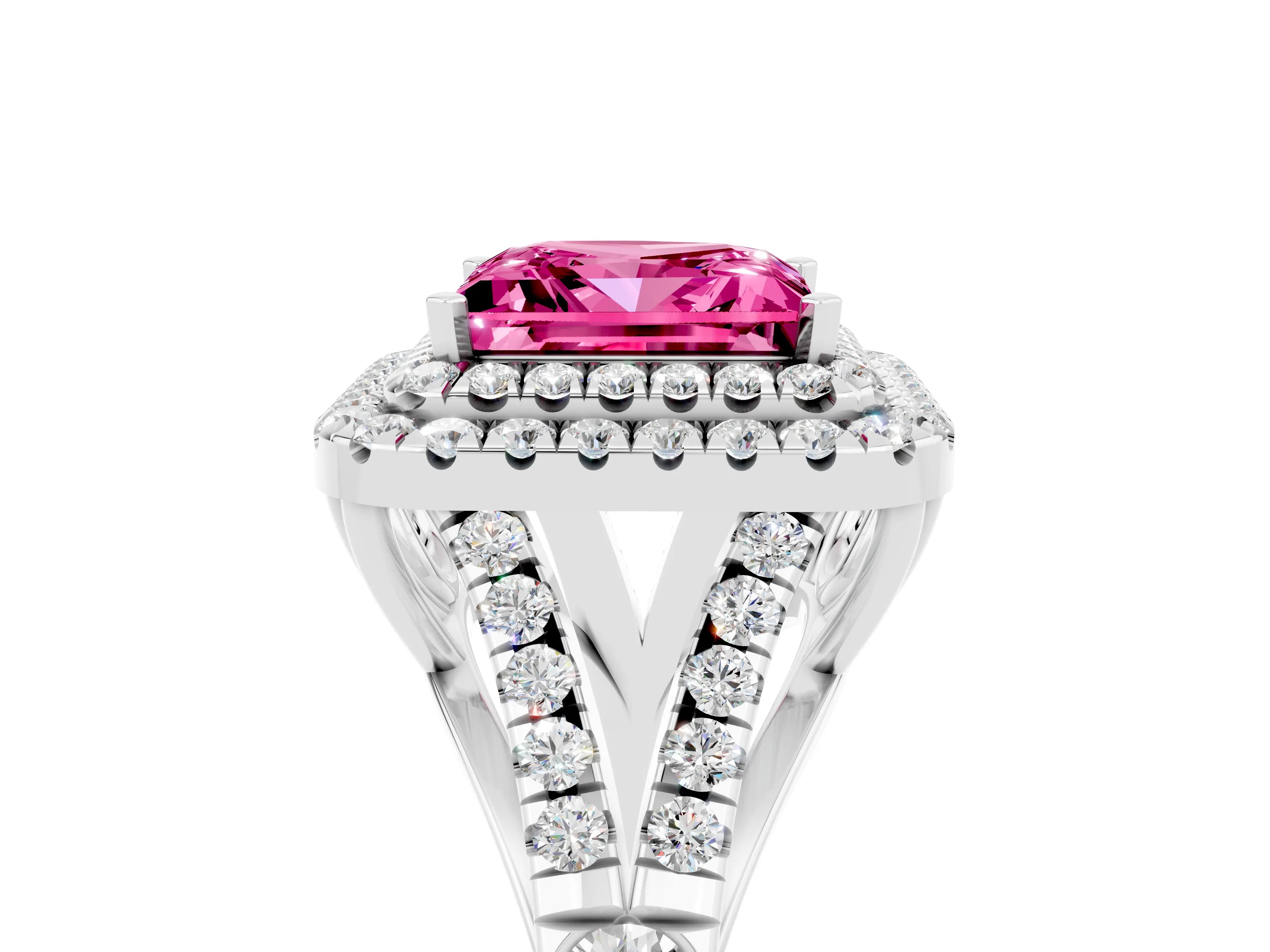 White gold Double Halo Princess Cut Pink Sapphire Split Shank Engagement Ring with Four-Prong Setting_5