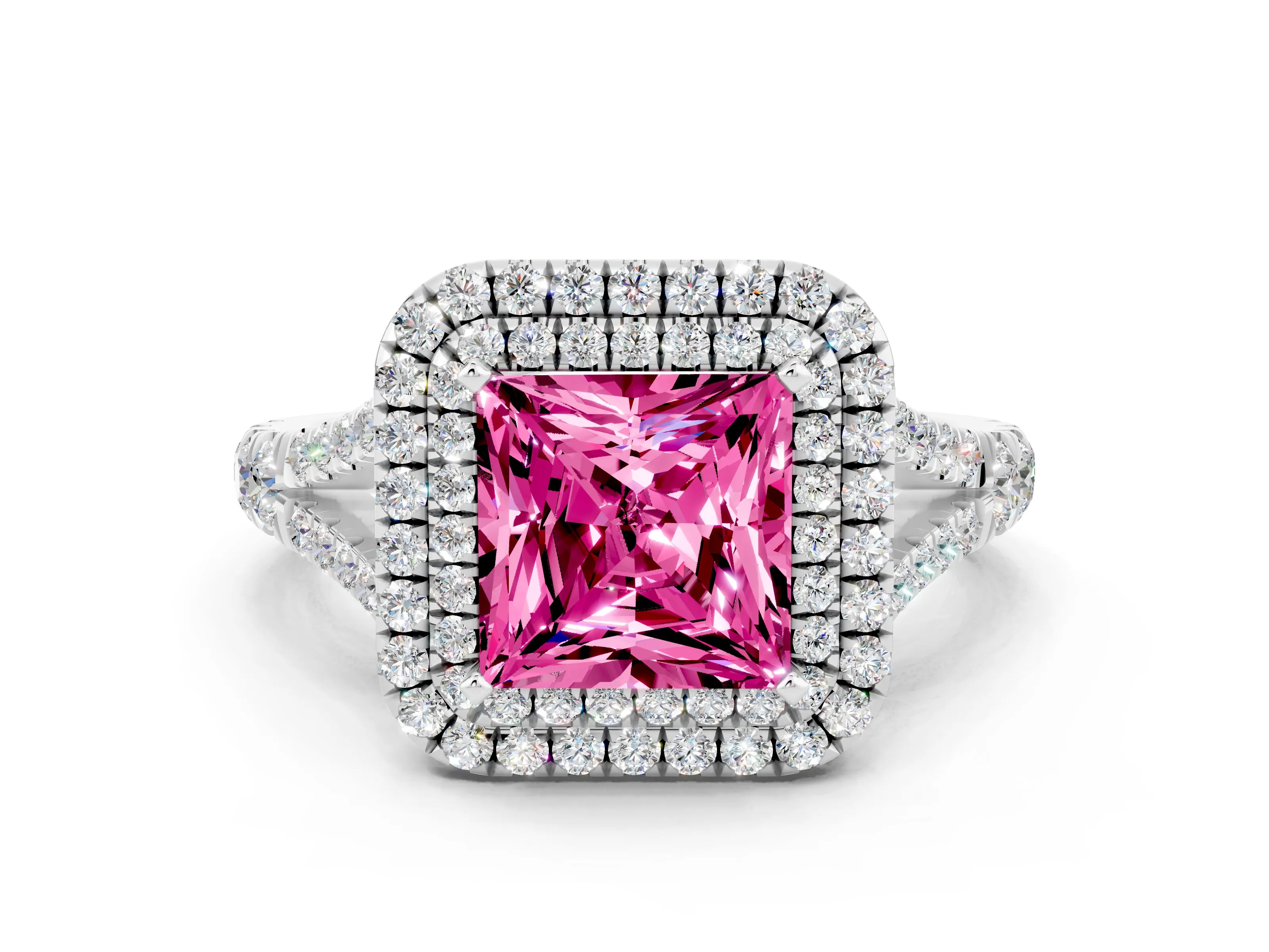 White gold Double Halo Princess Cut Pink Sapphire Split Shank Engagement Ring with Four-Prong Setting