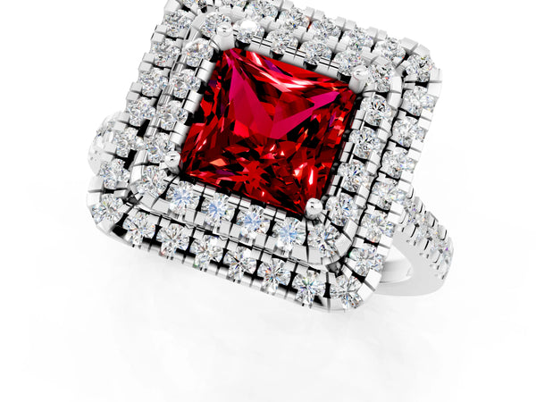 Platinum Double Halo Princess Cut Ruby Pavé Band with Four-Prong Setting