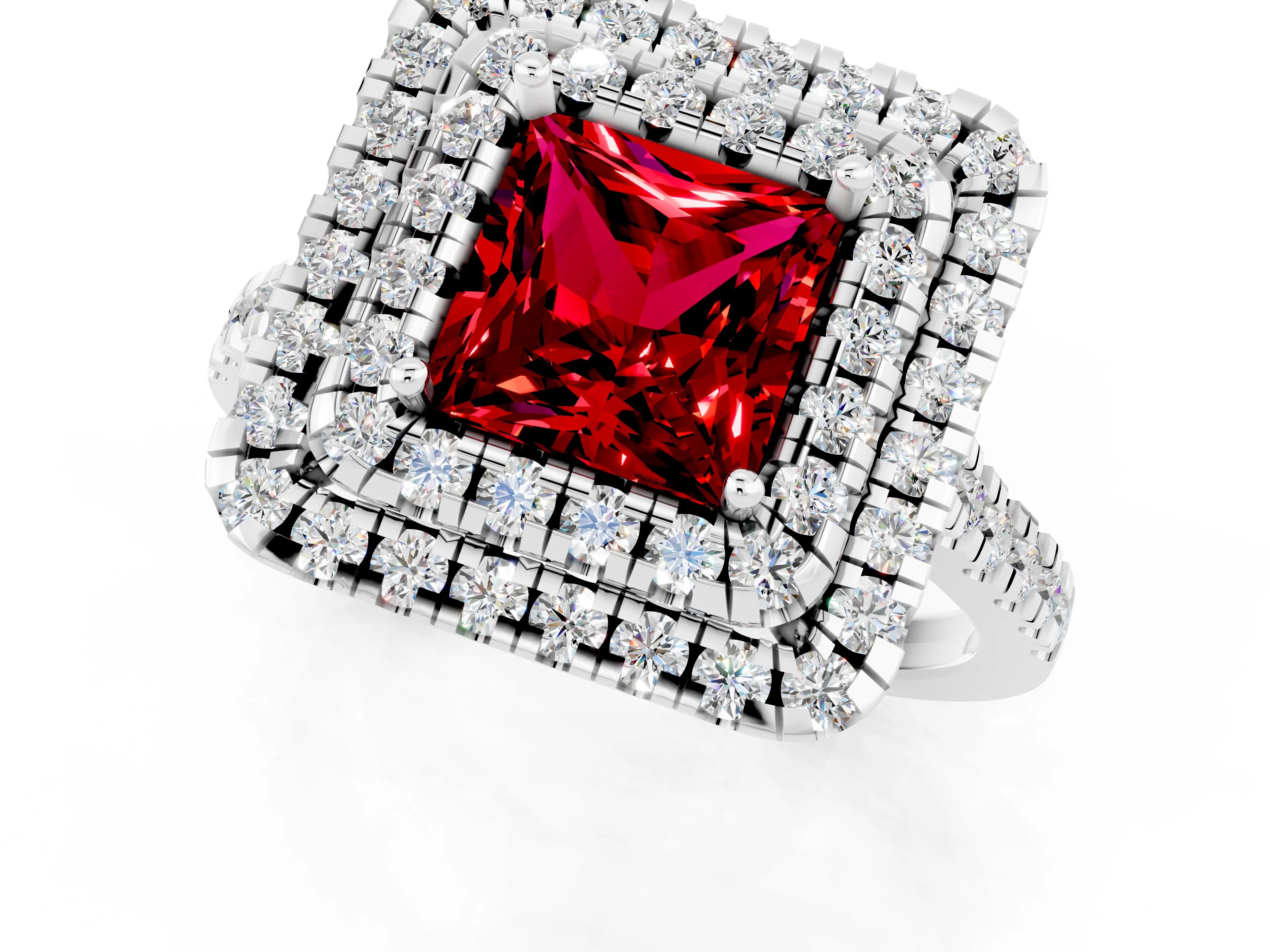 White gold Double Halo Princess Cut Ruby Pavé Band with Four-Prong Setting_1