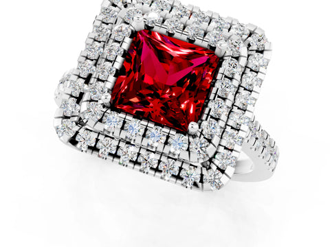 White gold Double Halo Princess Cut Ruby Pavé Band with Four-Prong Setting_1
