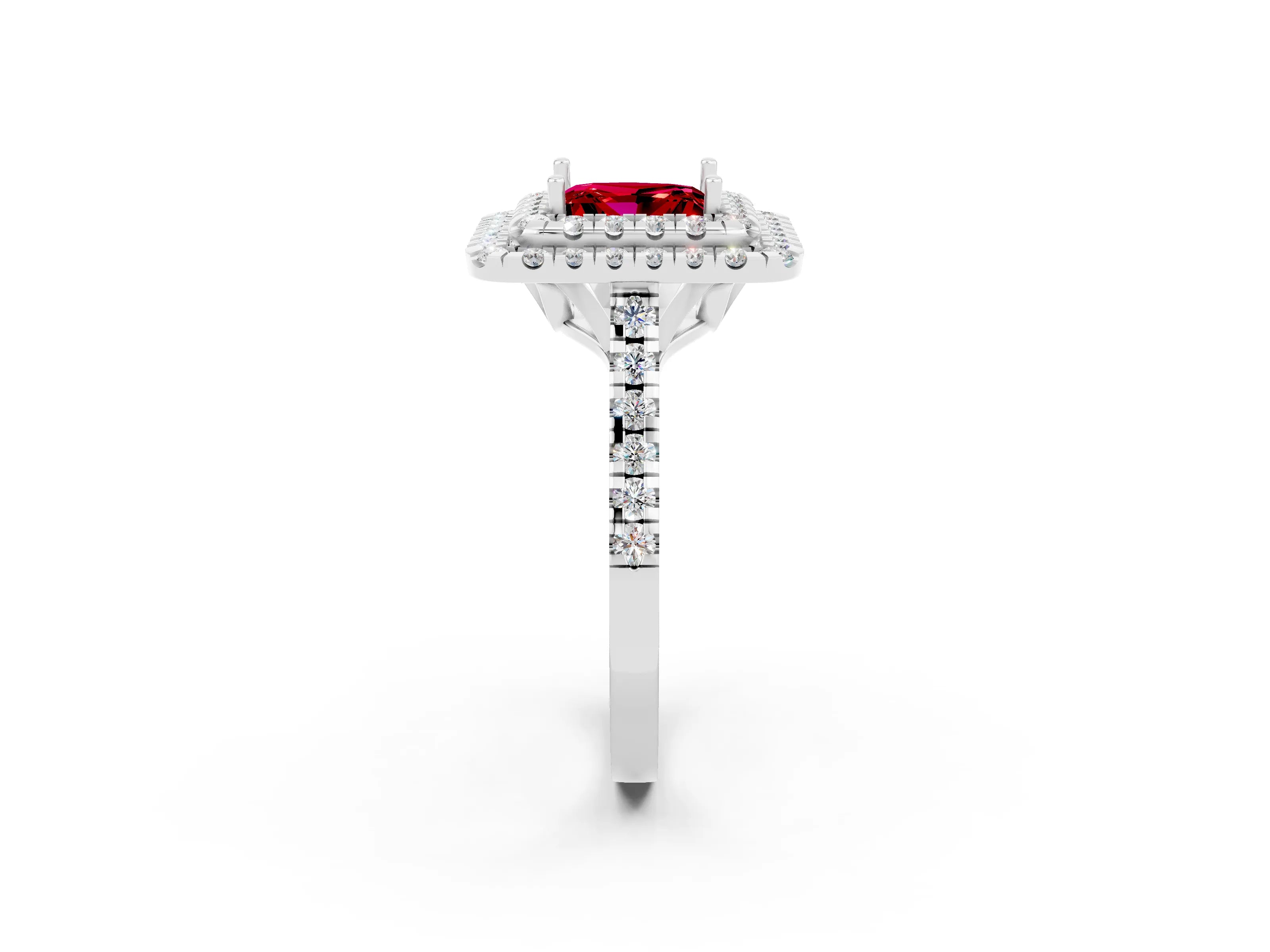 White gold Double Halo Princess Cut Ruby Pavé Band with Four-Prong Setting_2