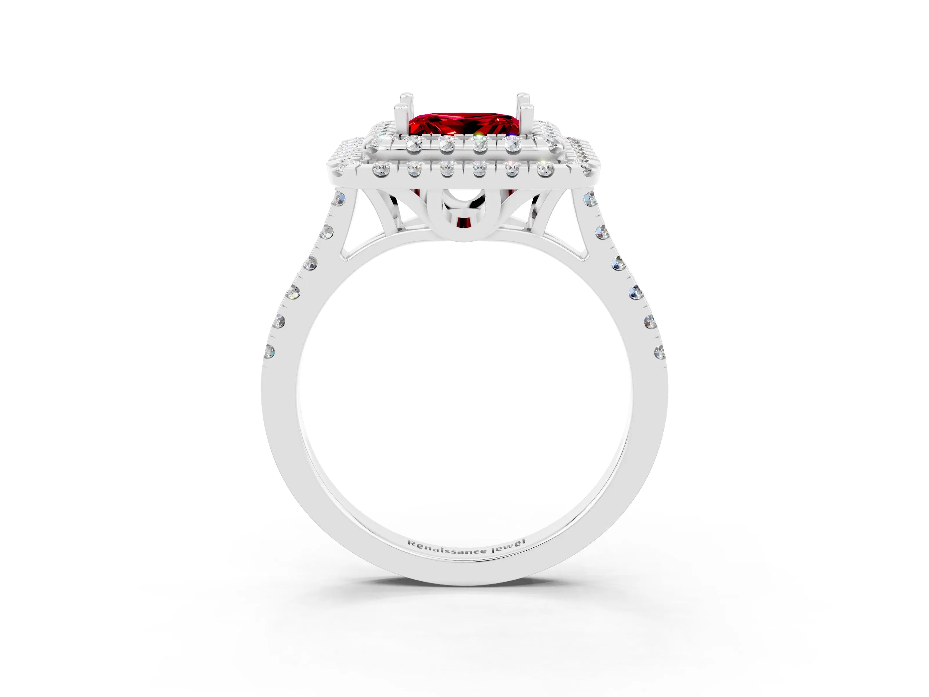 White gold Double Halo Princess Cut Ruby Pavé Band with Four-Prong Setting_3