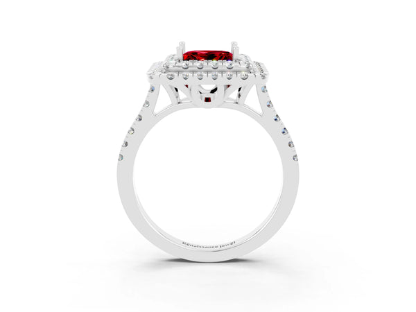 Silver Double Halo Princess Cut Ruby Pavé Band with Four-Prong Setting
