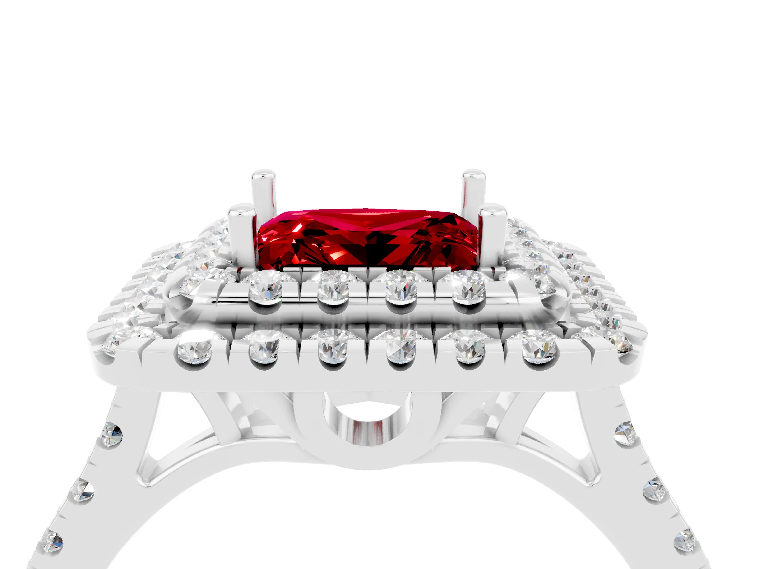 White gold Double Halo Princess Cut Ruby Pavé Band with Four-Prong Setting_4