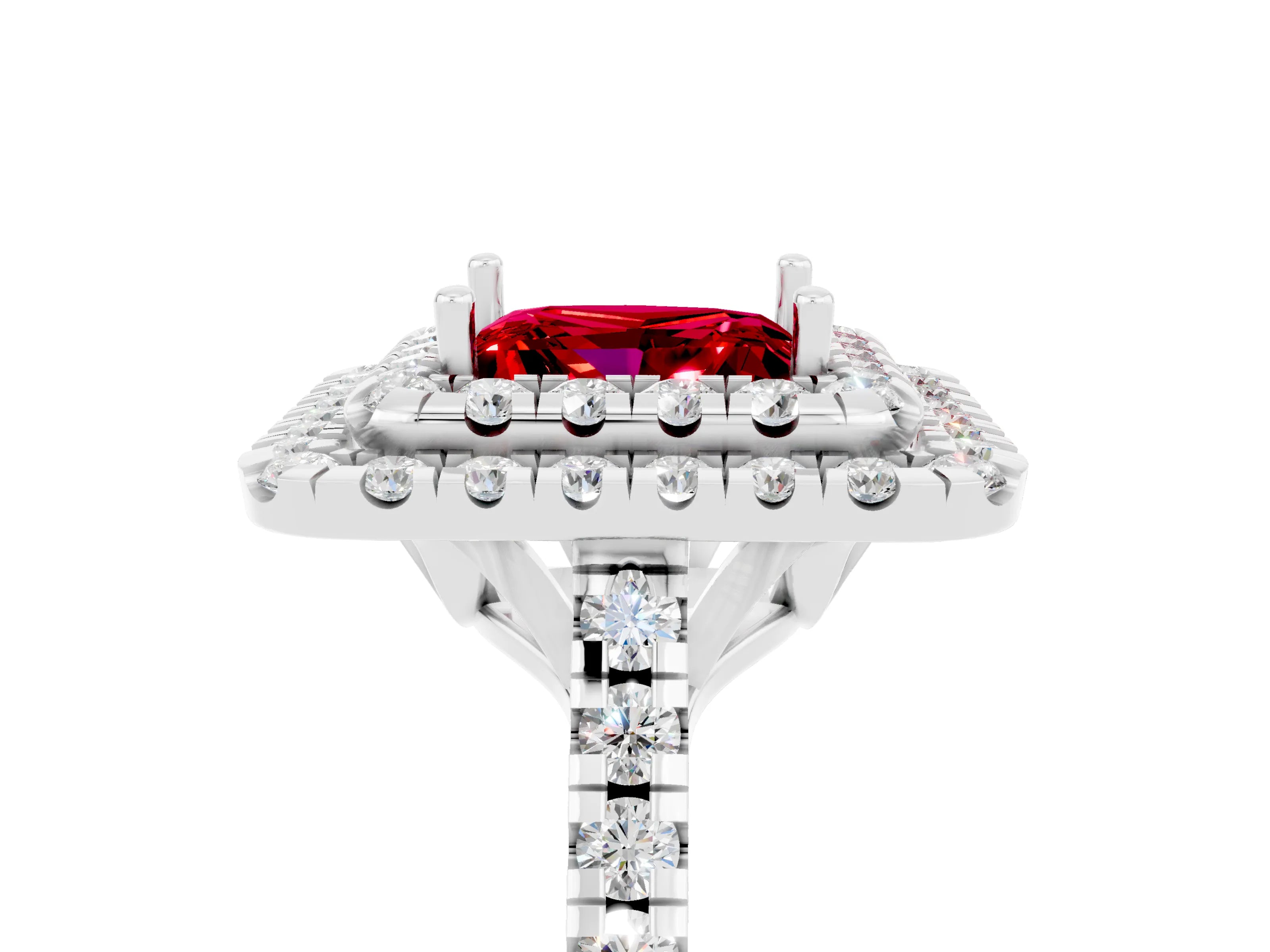 White gold Double Halo Princess Cut Ruby Pavé Band with Four-Prong Setting_5