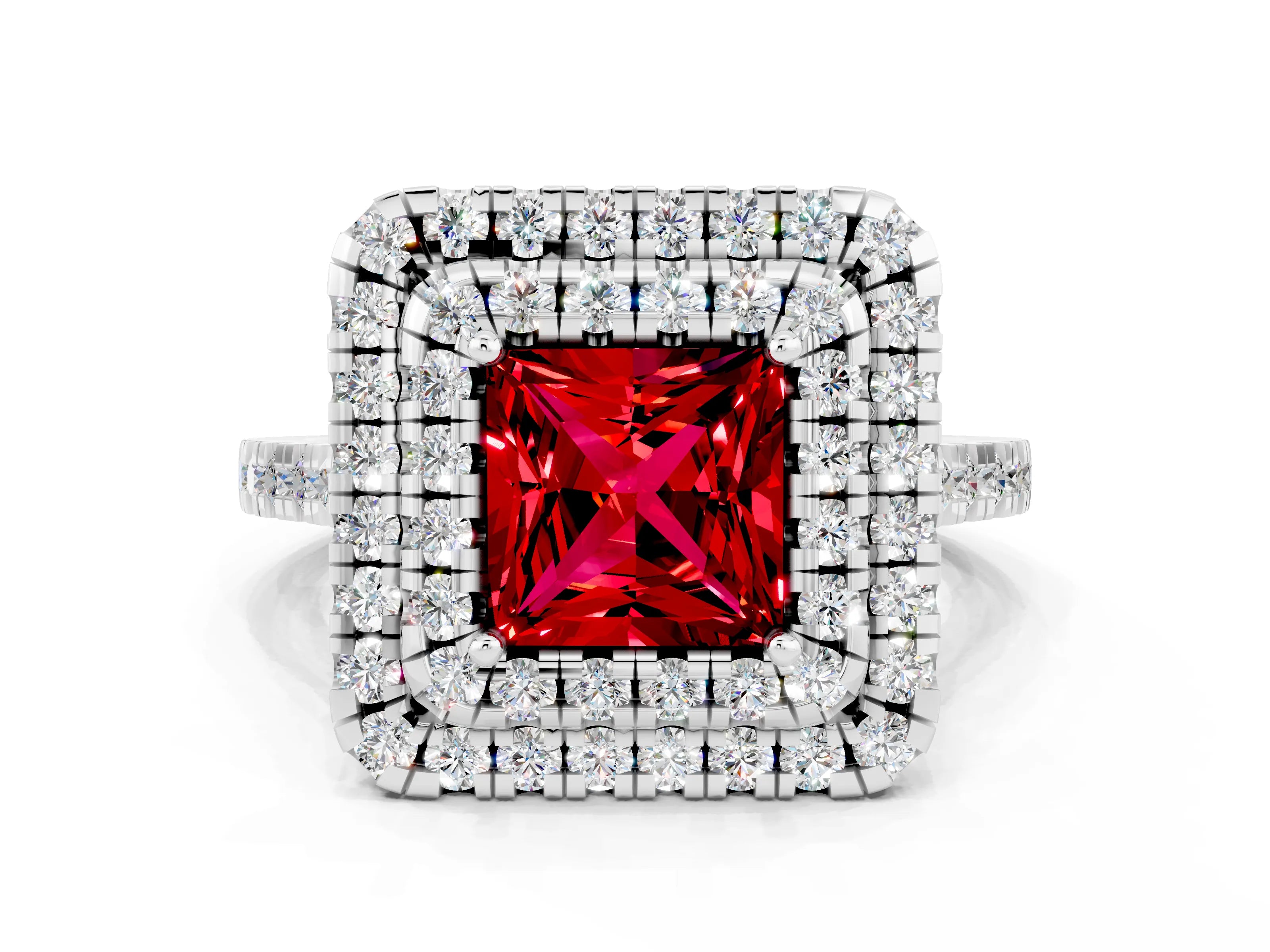 White gold Double Halo Princess Cut Ruby Pavé Band with Four-Prong Setting