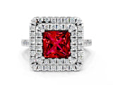 White gold Double Halo Princess Cut Ruby Pavé Band with Four-Prong Setting