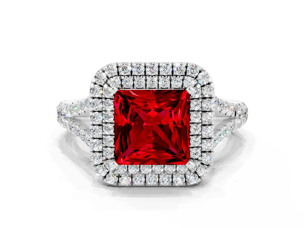 Platinum Double Halo Princess Cut Ruby Pavé Split Shank Ring with Prong Setting