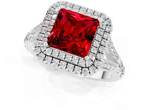 White gold Double Halo Princess Cut Ruby Pavé Split Shank Ring with Prong Setting_1