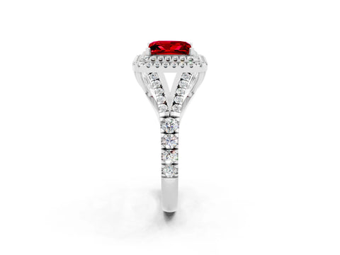 White gold Double Halo Princess Cut Ruby Pavé Split Shank Ring with Prong Setting_2