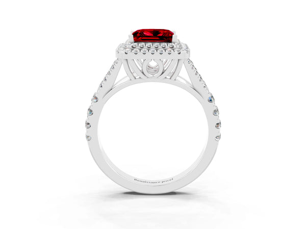 Silver Double Halo Princess Cut Ruby Pavé Split Shank Ring with Prong Setting