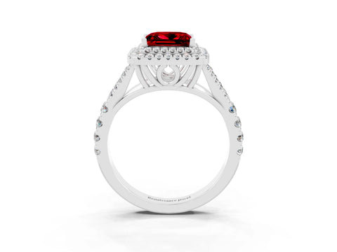 White gold Double Halo Princess Cut Ruby Pavé Split Shank Ring with Prong Setting_3