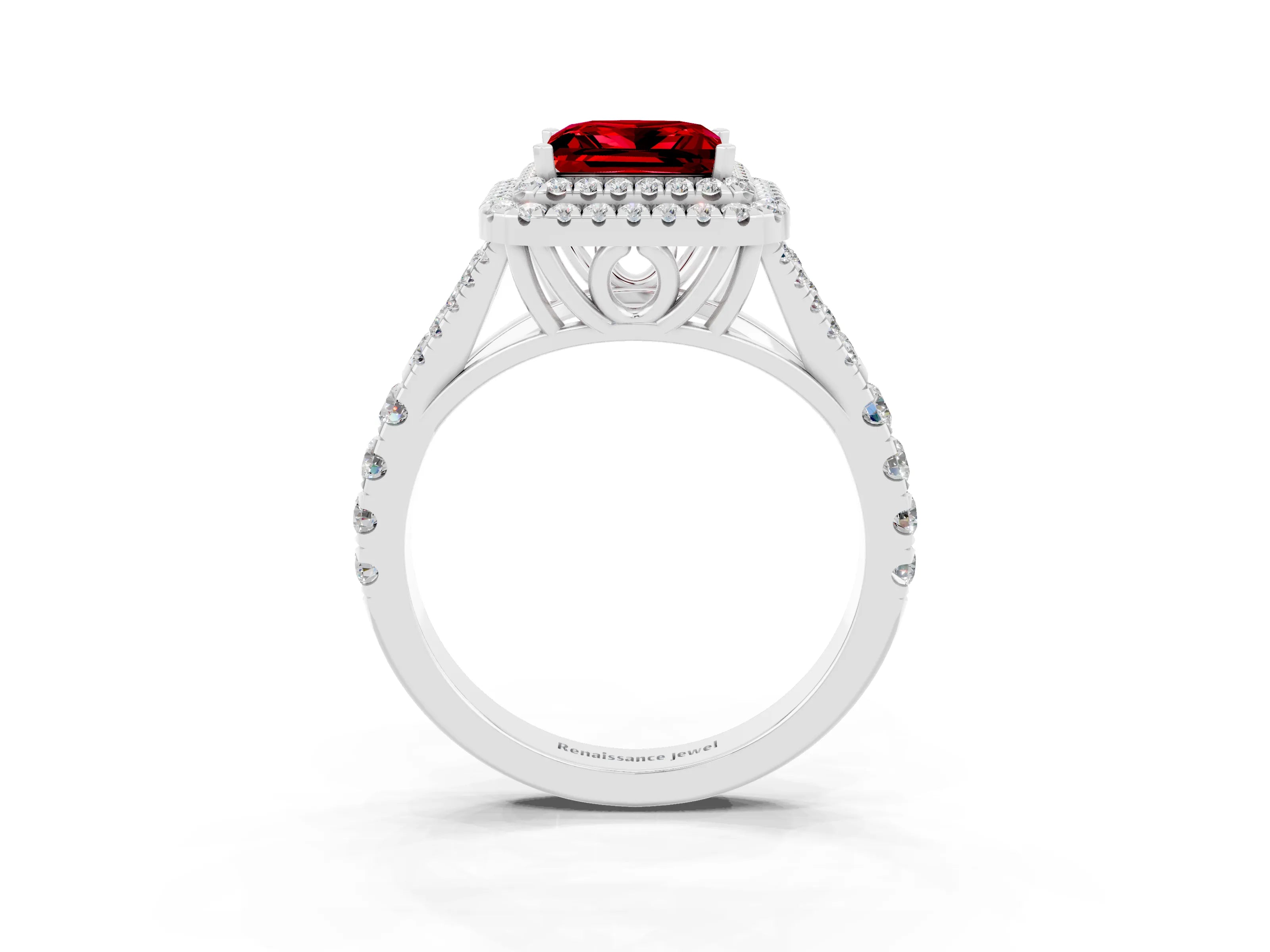 White gold Double Halo Princess Cut Ruby Pavé Split Shank Ring with Prong Setting_3